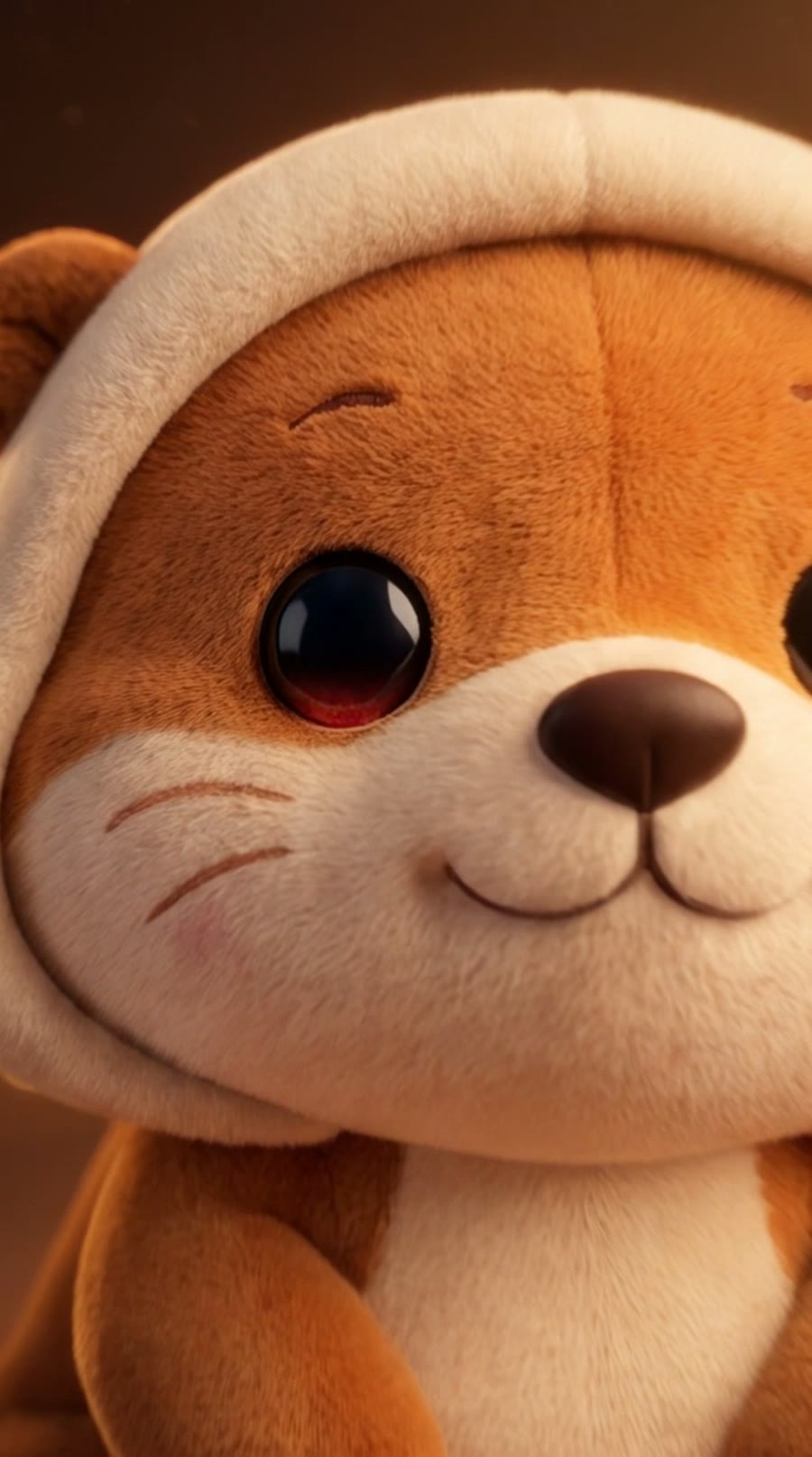 macro close-up of the ottie plush: soft felt pile, a stitched cream hood, and one glossy eye catching warm light